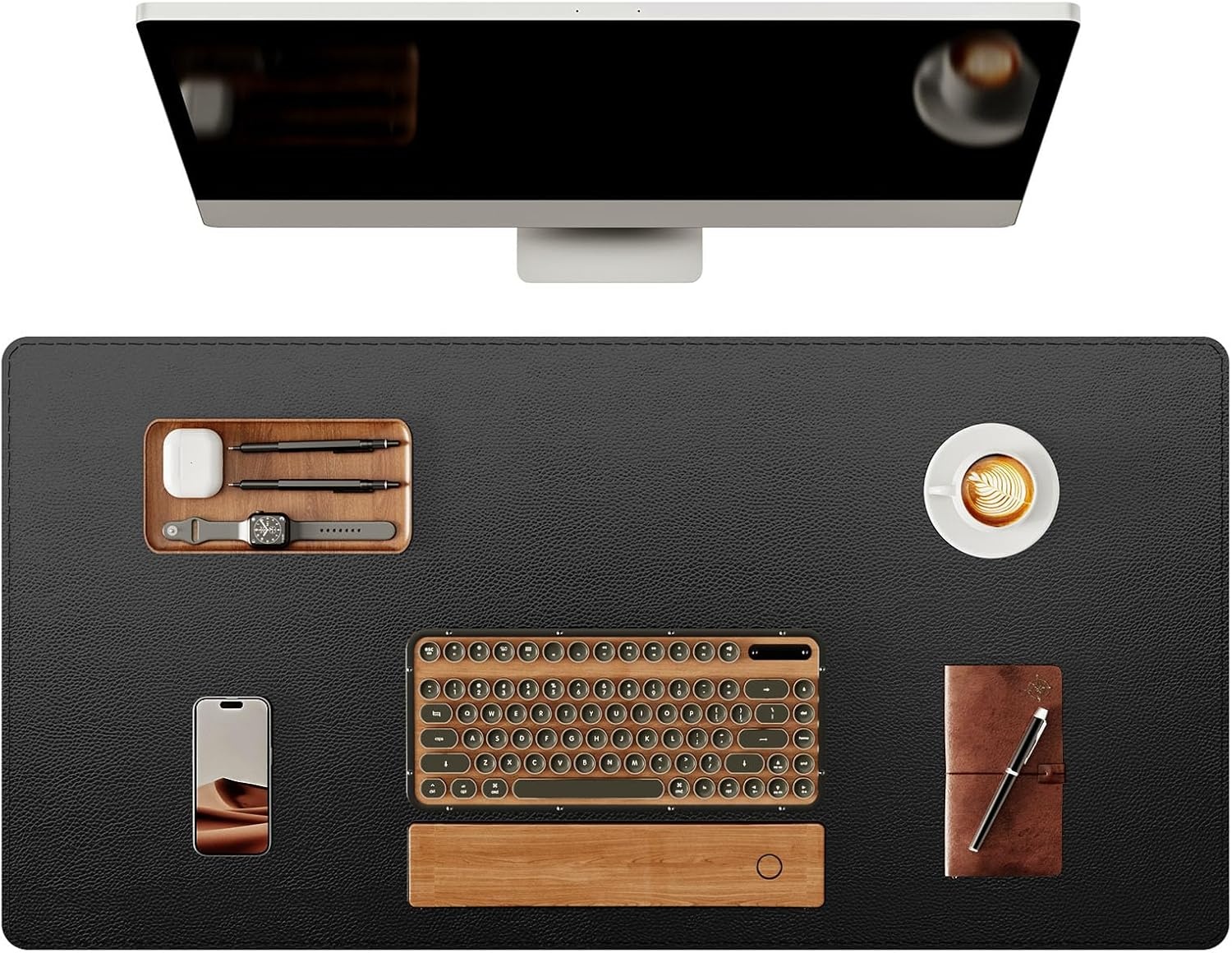 image:imageYSAGi Genuine Leather Desk Mat 354X17 Office Desk Pad Thick Premium Table Pad with Stitched Line NonSlip Laptop Writing Pad with Rubber Base Dark Brown 354x17Black
