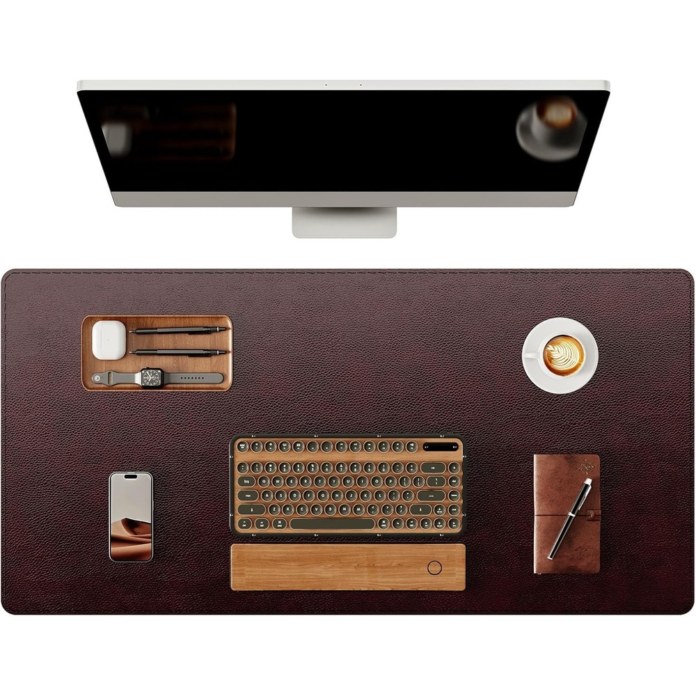 image:imageYSAGi Genuine Leather Desk Mat 354X17 Office Desk Pad Thick Premium Table Pad with Stitched Line NonSlip Laptop Writing Pad with Rubber Base Dark Brown 354x17Red Brown