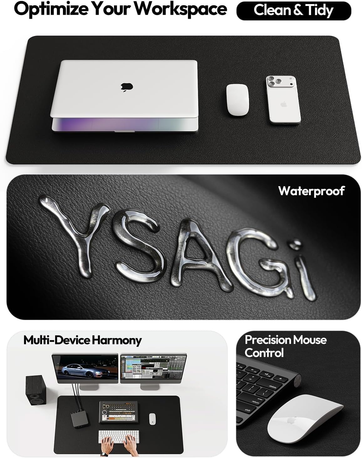 image:imageYSAGi Leather Office Desk Pad Protector Large Mouse Pad NonSlip PU Leather Laptop Desk Blotter Waterproof Writing Pad for Office and Home Black 236 x 138Black