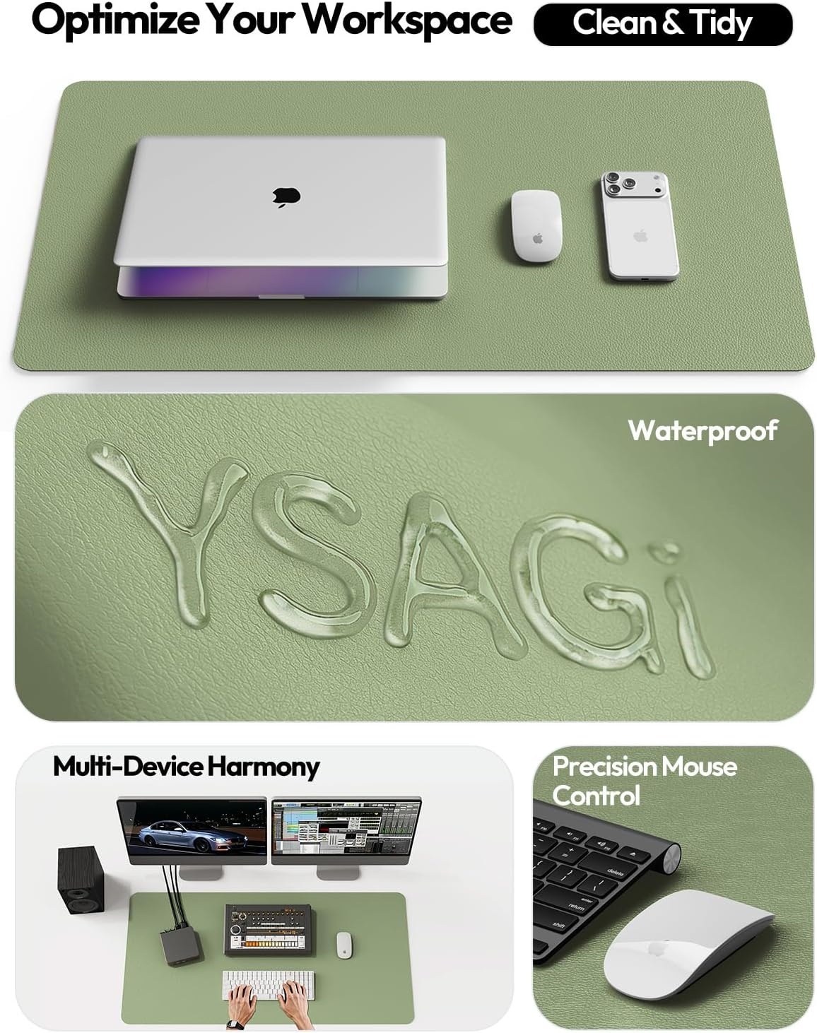 image:imageYSAGi Leather Office Desk Pad Protector Large Mouse Pad NonSlip PU Leather Laptop Desk Blotter Waterproof Writing Pad for Office and Home Black 236 x 138Bamboo Green