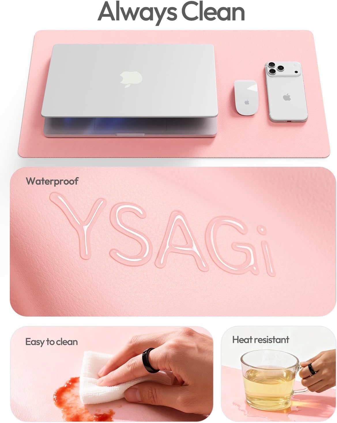 image:imageYSAGi Leather Office Desk Pad Protector Large Mouse Pad NonSlip PU Leather Laptop Desk Blotter Waterproof Writing Pad for Office and Home Black 236 x 138Light Pink