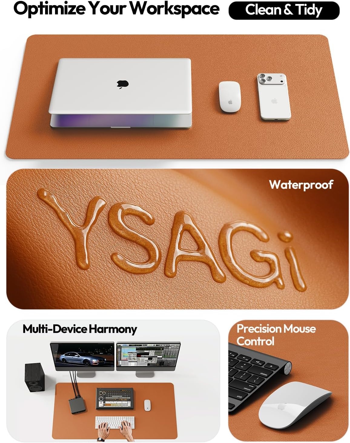 image:imageYSAGi Leather Office Desk Pad Protector Large Mouse Pad NonSlip PU Leather Laptop Desk Blotter Waterproof Writing Pad for Office and Home Black 236 x 138Brown