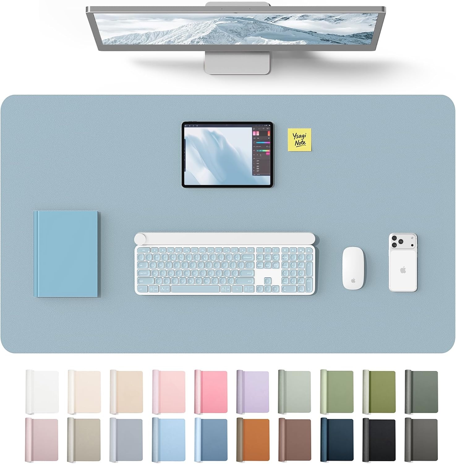 image:imageYSAGi Leather Office Desk Pad Protector Large Mouse Pad NonSlip PU Leather Laptop Desk Blotter Waterproof Writing Pad for Office and Home Black 236 x 138Ice Blue