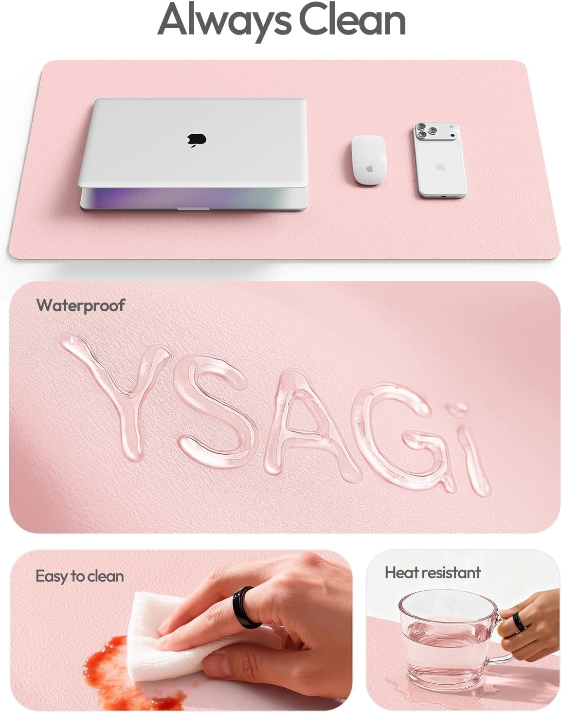 image:imageYSAGi Leather Office Desk Pad Protector Large Mouse Pad NonSlip PU Leather Laptop Desk Blotter Waterproof Writing Pad for Office and Home Black 236 x 138Light Pink