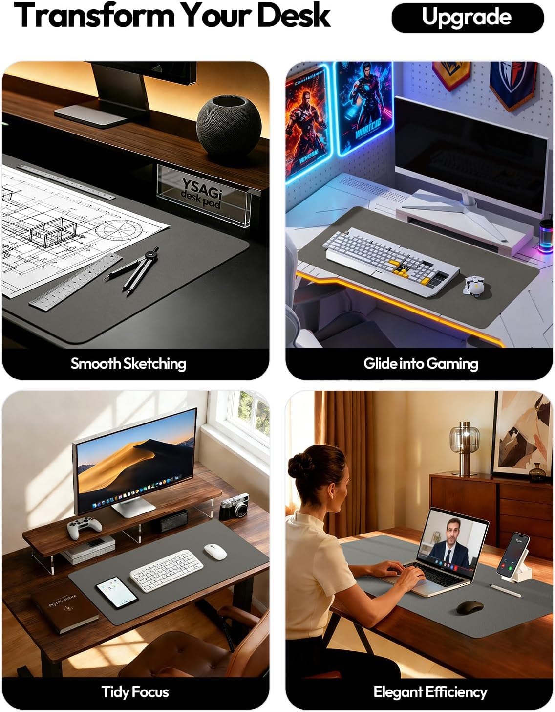 image:imageYSAGi Leather Office Desk Pad Protector Large Mouse Pad NonSlip PU Leather Laptop Desk Blotter Waterproof Writing Pad for Office and Home Black 236 x 138Dark Grey