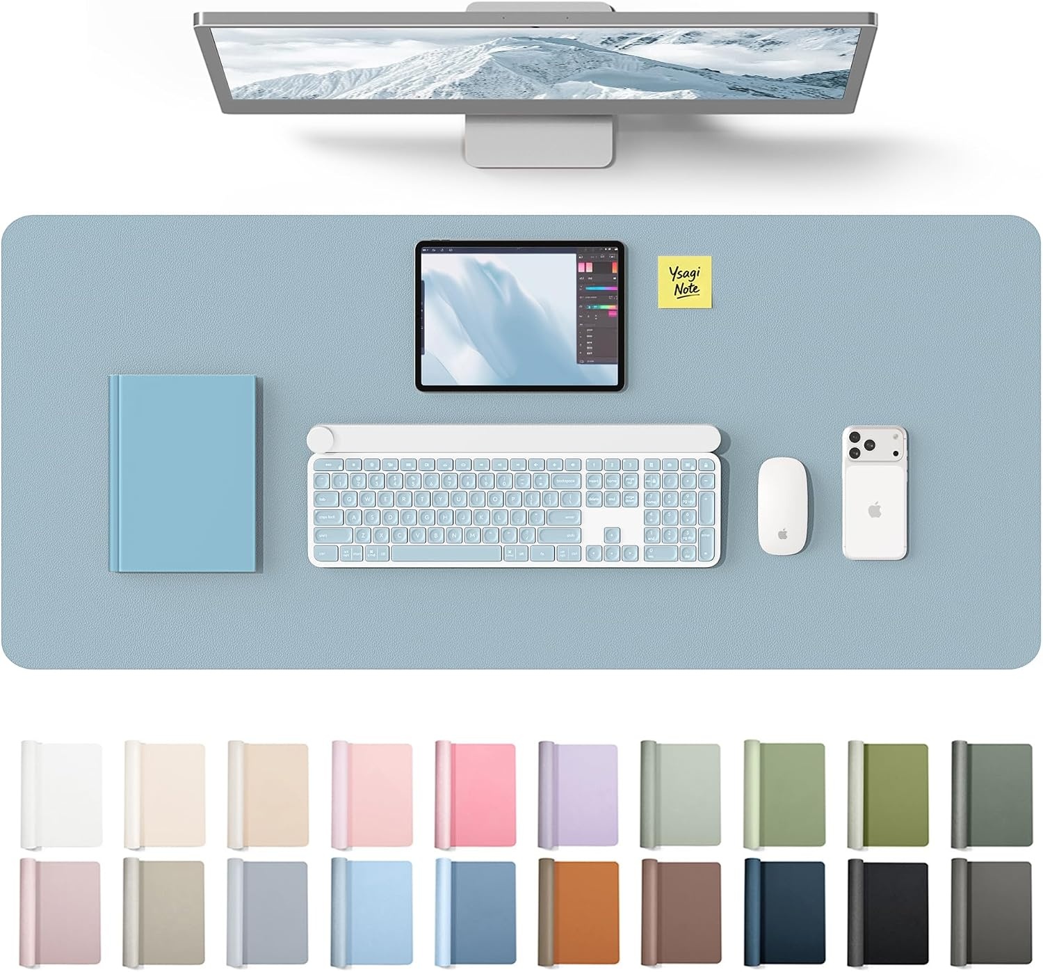 image:imageYSAGi Leather Office Desk Pad Protector Large Mouse Pad NonSlip PU Leather Laptop Desk Blotter Waterproof Writing Pad for Office and Home Black 236 x 138Ice Blue