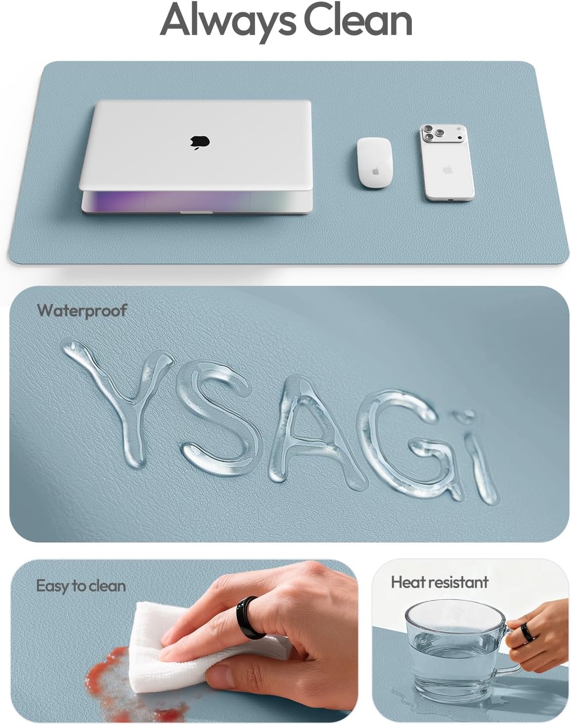 image:imageYSAGi Leather Office Desk Pad Protector Large Mouse Pad NonSlip PU Leather Laptop Desk Blotter Waterproof Writing Pad for Office and Home Black 236 x 138Ice Blue